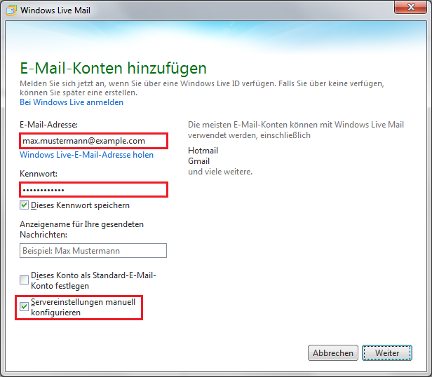 Windows Live Mail E-Mail-Konto Einrichten Screenshot 2